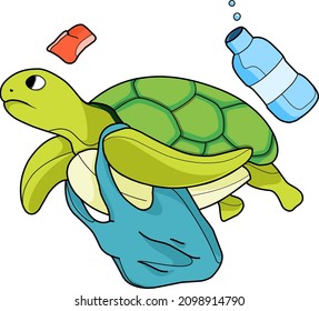 plastic waste damages and disturbs the animal ecosystem. turtle swimming among plastic waste