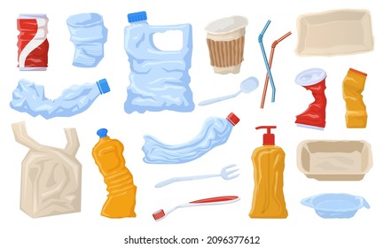 Plastic waste, disposable package, non recyclable garbage. Disposable plastic bottles, cups, tableware vector illustration set. Environmental pollution, plastic waste. Ecological problem for nature