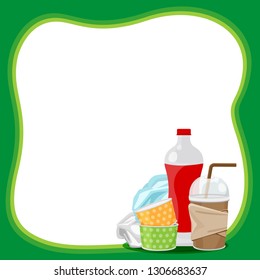 plastic waste dump on template banner green frame and white background copy space, plastic bottle garbage waste on banner blank, frame of plastic waste glass garbage, illustration ad empty for message