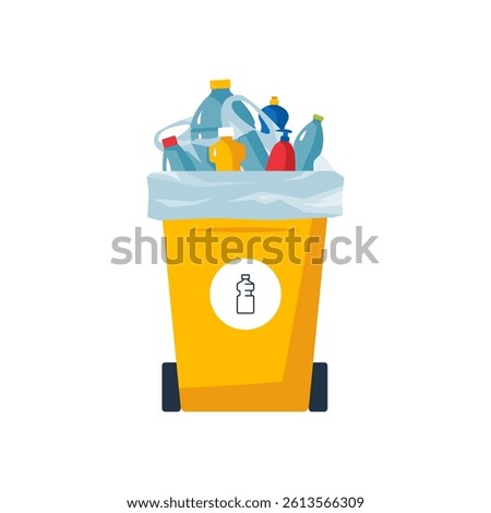Plastic waste. Dustbin full of garbage. Trash recycle concept. Yellow bin with a pile of used bottles, bags. Rubbish segregation. Vector object isolated on a white background.