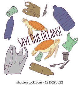 Plastic waste. Ecological problem. Set of trash icons. Environmental pollution. Plastic bags, plastic cups, bottles. Ocean pollution with plastic. Turtles and fish surrounded by garbage.