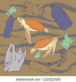 Plastic waste. Ecological problem. Set of trash icons. Environmental pollution. Plastic bags, plastic cups, bottles. Ocean pollution with plastic. Turtles and fish surrounded by garbage.