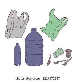 Plastic waste. Ecological problem. Set of trash icons. Environmental pollution. Plastic bags, plastic cups, bottles, forks and knives.