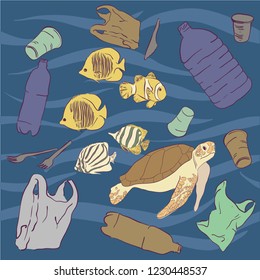 Plastic waste. Ecological problem. Set of trash icons. Environmental pollution. Plastic bags, plastic cups, bottles. Ocean pollution with plastic. Turtles and fish surrounded by garbage.
