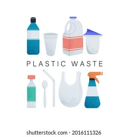 Plastic waste elements collection. Non recyclable trash isolated set. Different types of industrial trash in cartoon design. Information banner