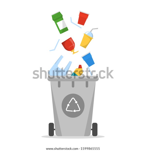 Plastic waste\
falling in the container bin vector isolated. Idea of rubbish\
recycling, ecology friendly\
lifestyle.