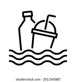 Residuos plásticos flotando en agua. Vector de línea. Aislar sobre fondo blanco.