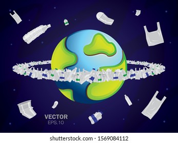 Plastic waste is flying round the world. Plastic pollution illustration vector.