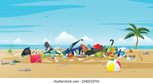 Plastic waste and food discarded on the beach.