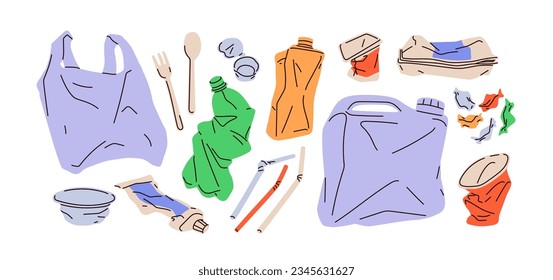 Plastic waste, garbage set. Compressed crumpled trash, rubbish, litter. Used packages, squeezed bottle, creased bag, tank, box, disposable cup. Flat vector illustrations isolated on white background