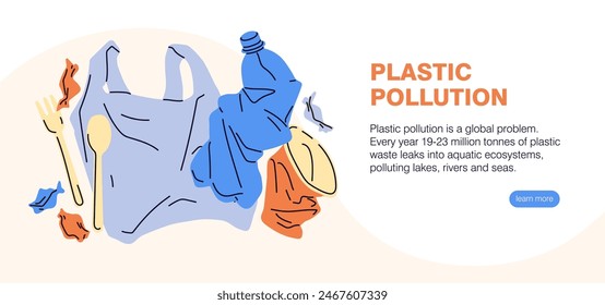 Plastic waste, garbage, web-site banner. Website, online page design with trash packages, disposable wrapping. Eco template, internet webpage with crumpled recyclable rubbish. Flat vector illustration