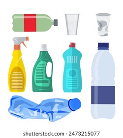 Plastic waste icon collection on white. Plastic bottles and another garbage, non-recyclable trash. Vector illustration in flat style