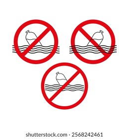 Plastic waste icon. No pollution symbol. Red prohibition sign. Water pollution warning.