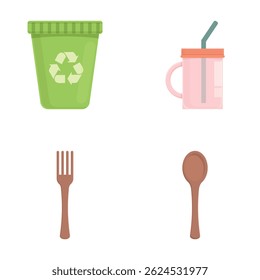 Plastic waste icons set cartoon vector. Blank plastic packaging and green leaf. Recycling, environmental protection