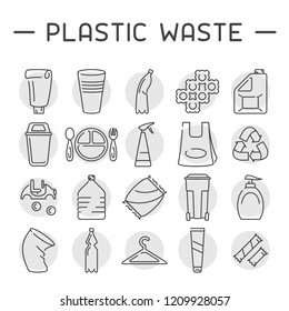 Plastic waste icons set. Linear style vector illustration