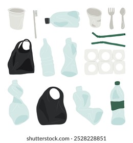 Plastic Waste Illustration Set. A illustrations depicting common plastic waste items, including bottles, bags, utensils, and more. focusing on environmental pollution and waste management