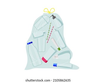 Plastic waste. Large garbage bag with various plastic products, bottle, cup, bag, straw. Thin transparent disposable bag. Environmentally responsible behavior. Motivational flat illustration.