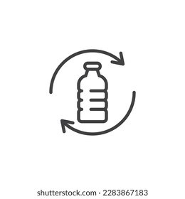 Icono de línea de desechos plásticos. signo de estilo lineal para concepto móvil y diseño web. Botellas plásticas y flechas de reciclaje delinean el icono del vector. Símbolo, ilustración del logotipo. Gráficos vectoriales