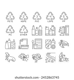 Plastic Waste Nature Environment Icons Set Vector. Bottle And Container, Package And Bag, Bird And Turtle, Seal And Fish With Plastic Waste. Volunteer Cleaning Beach Black Contour Illustrations