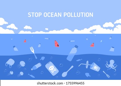Plastic waste in ocean. Dead fish swimming in water full of garbage. Water pollution. Flat vector Illustration.