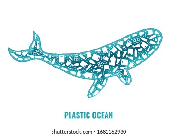 Plastic waste ocean environment problem concept vector llustration. Whale marine mammal silhouette filled with plastic garbage flat icons. Microplastic pollution problem, single use plastic crisis.