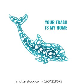 Plastic waste ocean environment problem concept vector llustration. Dolphin marine mammal silhouette filled with plastic garbage flat icons. Microplastic pollution problem, single use plastic crisis.