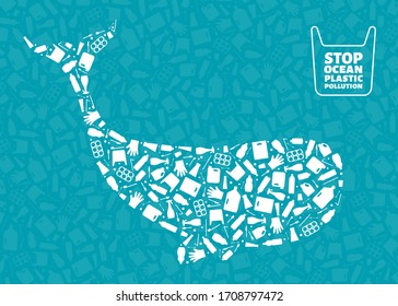 Plastic waste ocean environment problem concept vector llustration. Whale marine mammal silhouette filled with plastic garbage flat icons. Microplastic pollution problem, single use plastic crisis.