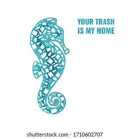Plastic waste ocean environment problem concept vector illustration. Seahorse ocean fish outline filled with plastic waste flat icons. Sustainable lifestyle, underwater wildlife danger concept.