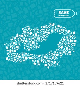 Plastic waste ocean environment problem concept vector illustration. Dolphin marine mammal silhouette cut in plastic trash flat icon spot. Sustainable lifestyle graphic, zero waste concept.