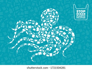 Plastic waste ocean environment problem concept vector illustration. Octopus ocean mollusc outline filled with plastic waste flat icons. Sustainable lifestyle, underwater wildlife danger concept
