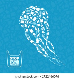 Plastic waste ocean environment problem concept vector illustration. Jellyfish ocean animal outline filled with plastic waste flat icons. Sustainable lifestyle, underwater wildlife danger concept.