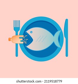 From plastic waste in the ocean, microplastic enter our food chain. We are eating fish consuming plastic. Vector illustration outline flat design style.