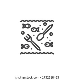 Plastic waste ocean pollution line icon. linear style sign for mobile concept and web design. Plastic cutlery in ocean water outline vector icon. Symbol, logo illustration. Vector graphics