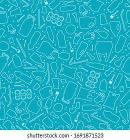 Plastic waste, ocean pollution seamless pattern vector illustration. Eco problem water pollution trash contour symbol seamless background. Earth day wallpaiper with single use plastic garbage icons