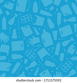 Plastic waste, ocean pollution seamless pattern vector illustration. Eco problem water pollution trash symbol seamless background. Earth day wallpaiper with single use plastic garbage outline icons