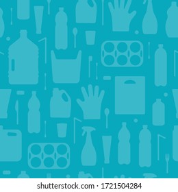 Plastic waste, ocean pollution seamless pattern vector illustration. Eco problem water pollution trash silhouette symbol seamless background. Earth day wallpaiper with single use plastic garbage icons