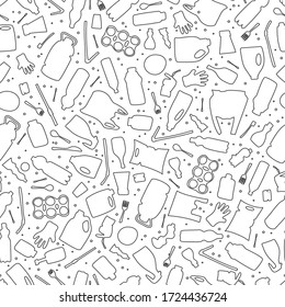 Plastic waste, ocean pollution seamless pattern vector illustration. Eco problem water pollution trash outline symbol seamless background. Earth day wallpaiper with single use plastic garbage icons