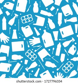 Plastic waste, ocean pollution seamless pattern vector illustration. 