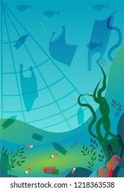 Plastic waste in the ocean. Ocean plastic pollution vector illustration