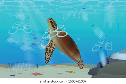 plastic waste ocean vector , plastic at the ocean and with a turtle in the middle