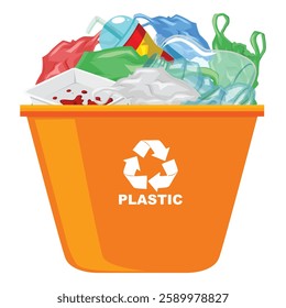 Plastic waste in the orange trash can. Vector illustration isolated on white background