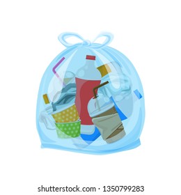 plastic waste packed in the transparent plastic bags for waste separation isolated white square background, Illustration plastic bin bags for waste, clip art plastic bag transparent flat for graphic