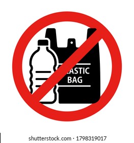 Plastic waste (palstic pollustion) vector icon illustration (forbidden mark) / ecology, recycle symbol