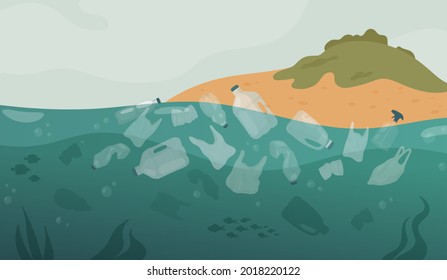 Plastic waste pollution, garbage in water of sea ocean vector illustration. Cartoon polluted island landscape with floating trash plastic bags and bottles, dirty underwater marine life background