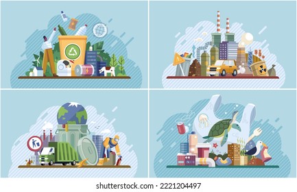 Plastic waste pollution illustration set. People supporting zero waste recycling program. Bags and bottles waste garbage in water of ocean. Environment contamination. Sustainable lifestyle concept