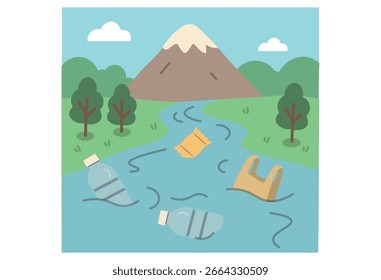 Contaminación de residuos plásticos en el río que fluye de la montaña con botellas flotantes, bolsa de plástico y envoltura de bocadillos, ilustración de conciencia ambiental para proyectos de conservación y sostenibilidad del agua