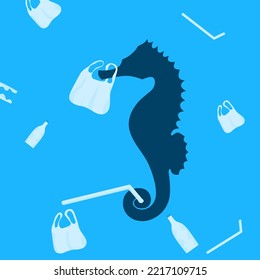 Plastic waste pollution in the sea. Silhouette of a seahorse swimming in a sea of ​​trash, and trapped in a plastic bag. plastic waste, straws and bottles. Polluted sea background illustration.