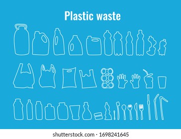 Plastic waste problem symbol collection. Used plastic package, dishes and containers outline icons for earth day pollution concept