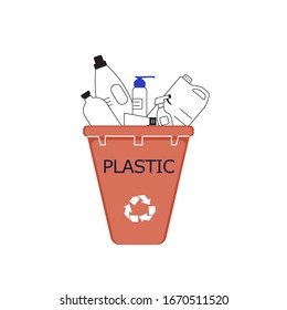 Plastic waste in recycling bin. Discarded pulp concept. Flat Line Art Vector Illustration