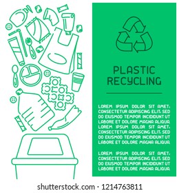 Plastic waste recycling information booklet. Trash flies in the trash can. Line style vector illustration. There is place for your text